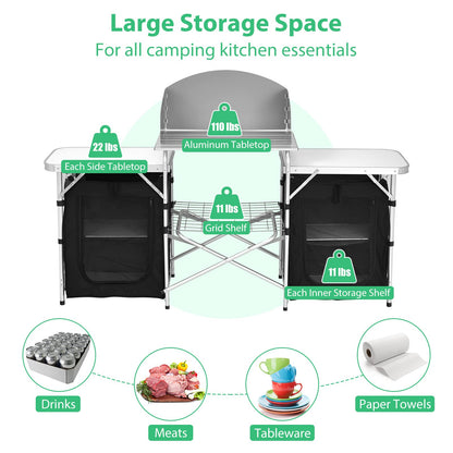 GYMAX Folding Camping Table, Portable Kitchen Table with 2 Zipper Organizer Shelf & Wind Screen, Foldable Cooking Table for Camping Hiking Picnic BBQ (Black)