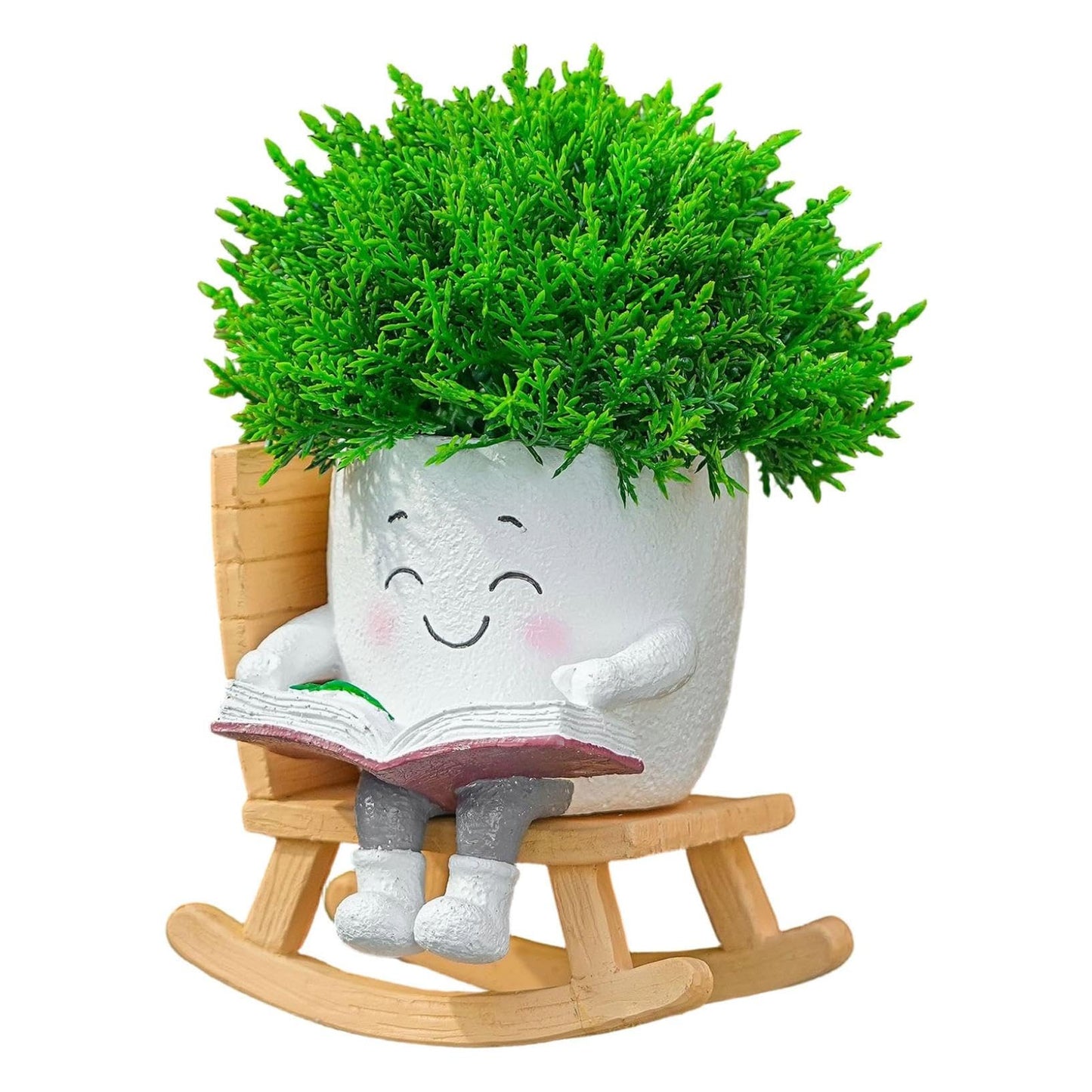 Rocking Chair Smily Face Planter with Drainage Hole, Small Plants Resin Succulent Planter Indoor Outdoor Decor for Desk Balcony Garden (White B)