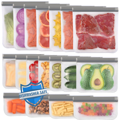 Lerine 10 Pack Dishwasher Safe Reusable Bags, Leakproof Reusable Freezer Bags, BPA Free Food Storage Bags for Marinate Food Travel - 3 Gallon 4 Sandwich 3 Snack