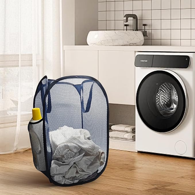 The upgraded pop-up laundry basket features a breathable side pocket mesh design