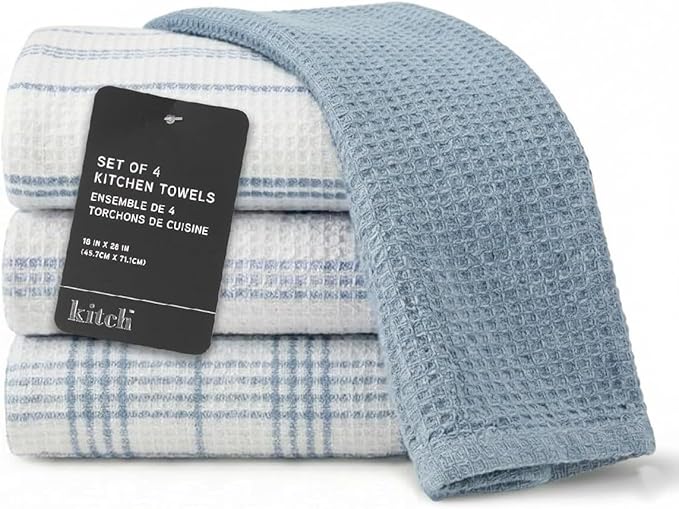 MosJos Kitchen Towels Set of 4 Dish Towels Blue n White Waffle Weave Cotton