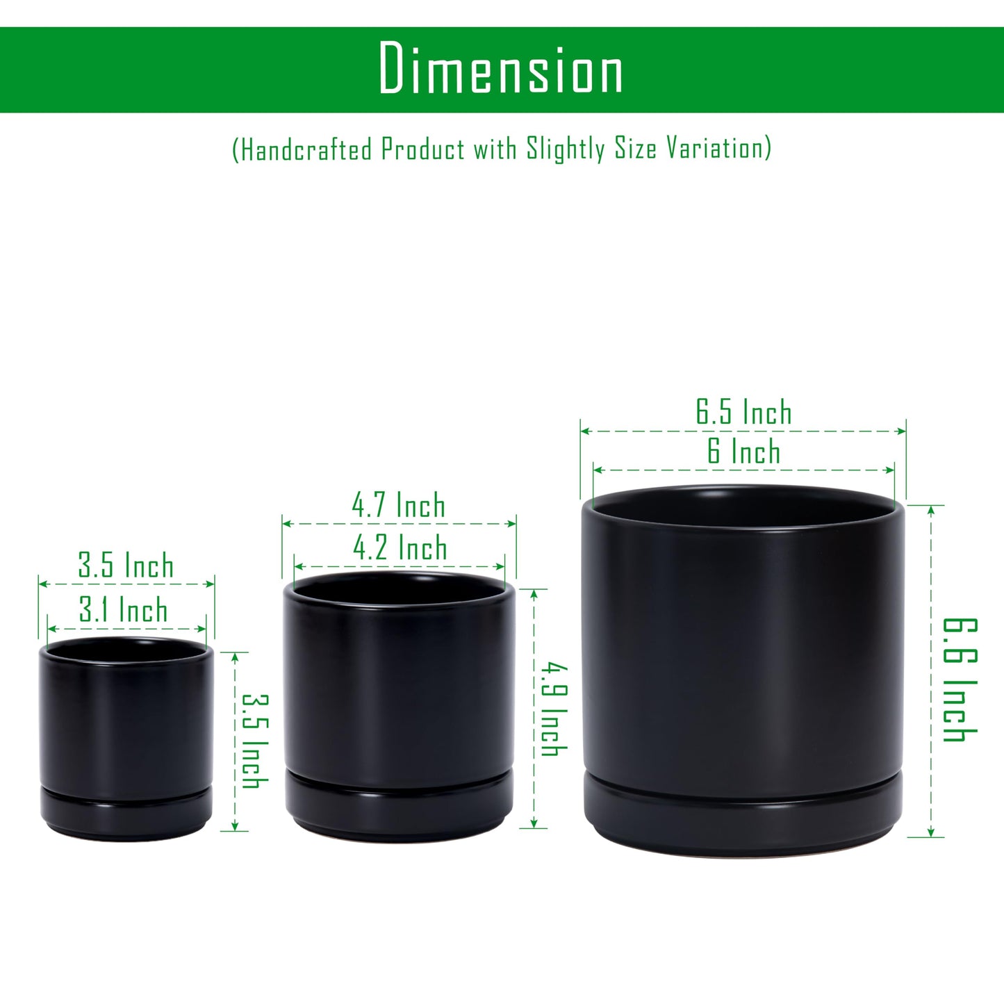 D'vine Dev 3 Inch & 4 Inch & 6 Inch, Set of 3 Round Ceramic Planter Pot with Drainage Hole and Saucer, Black, 94-T-S-2