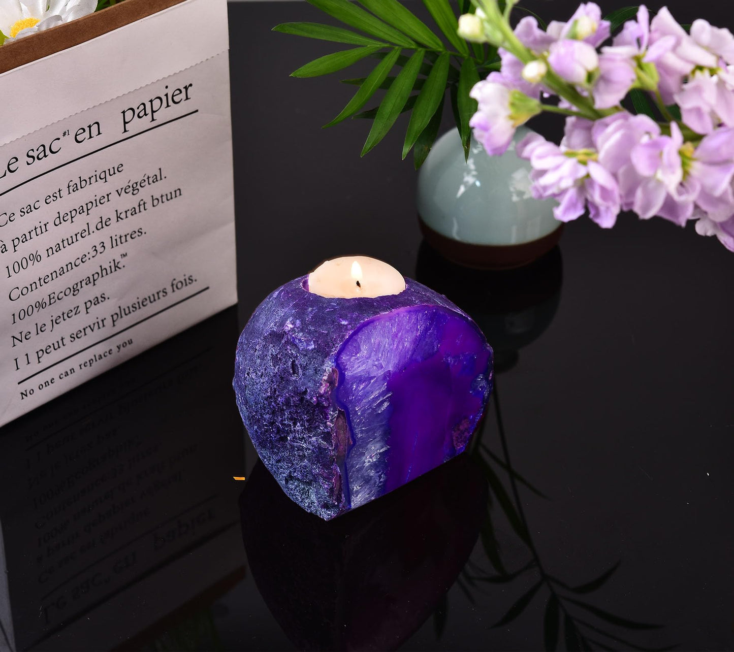 AMOYSTONE Natural Purple Agate Candle Holder 1.5-2lb, Raw Geode Base - Versatile Decor for Meditation, Yoga Studio & Home Mantel