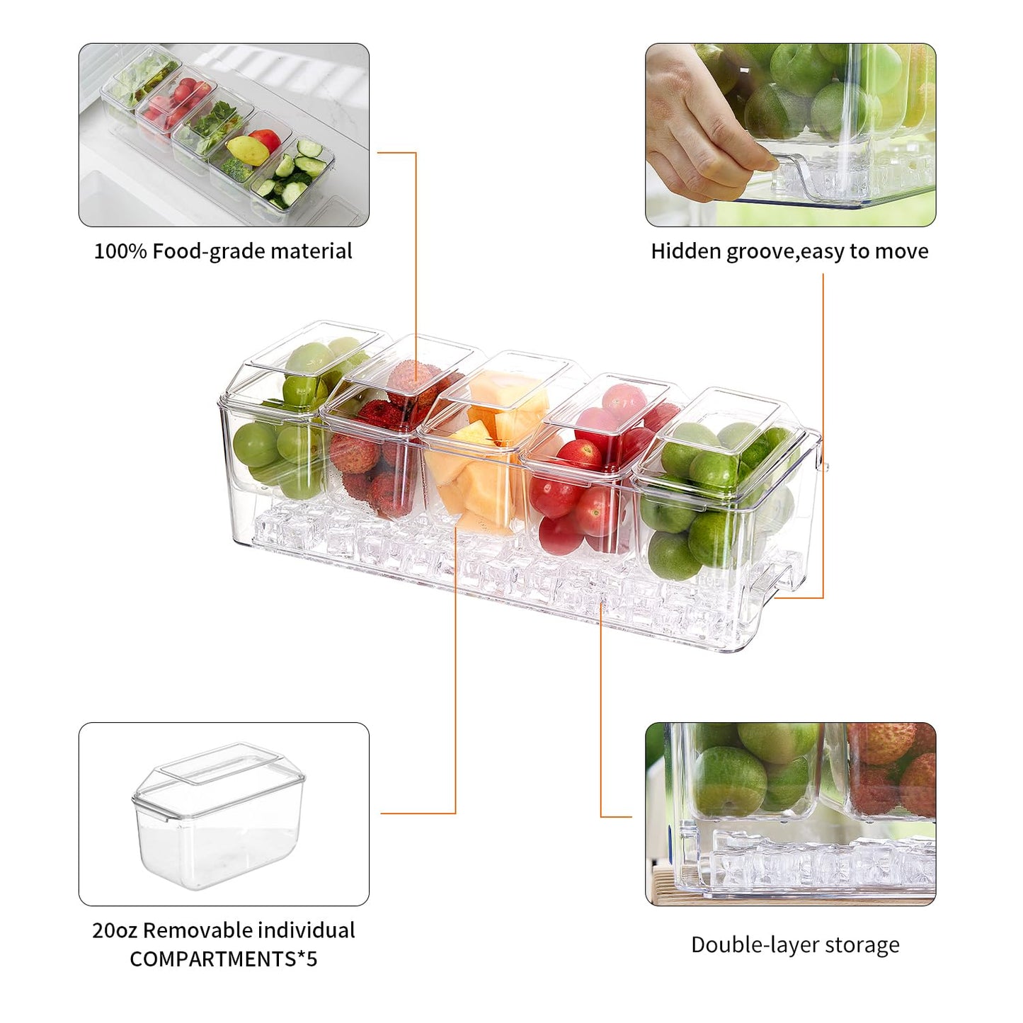 Chilled Condiment Server，Taco Bar Serving Set for Party，15.3" Condiment Serving Platters with 5 Separate Lids and Removable Compartments, Set of 5 Serving Spoons & 2 Clips (5 Containers, 1 pack)