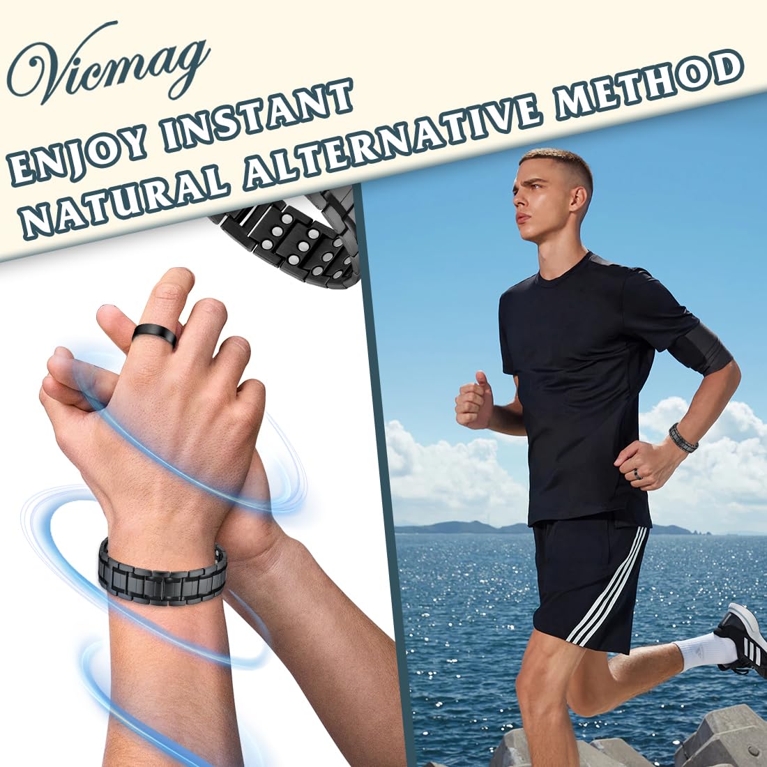Vicmag 3X Magnetic Bracelet for Men Pure Titanium Bracelet 3500 Gauss Ultra Strength Magnets Adjustable Wristband with Adjustment Tool & Gift Box (Black)