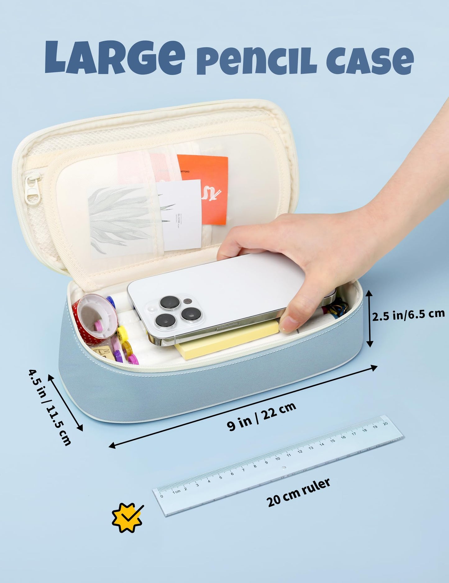 SUNEE Cute Pencil Case, Aesthetic Pen Pouch, Colored Large Pencil Bag with Zipper, Kawaii Stationery Storage and Organizer, School Supplies for Teen and Adult Girls, Blue