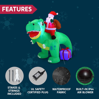 Joiedomi 6 FT Long Christmas Inflatable Dinosaur Outdoor Decoration, Inflatable Santa Riding Dinosaur with Build-in LEDs, Christmas Blow Up Yard Decoration for Xmas Party Garden Lawn Winter Décor