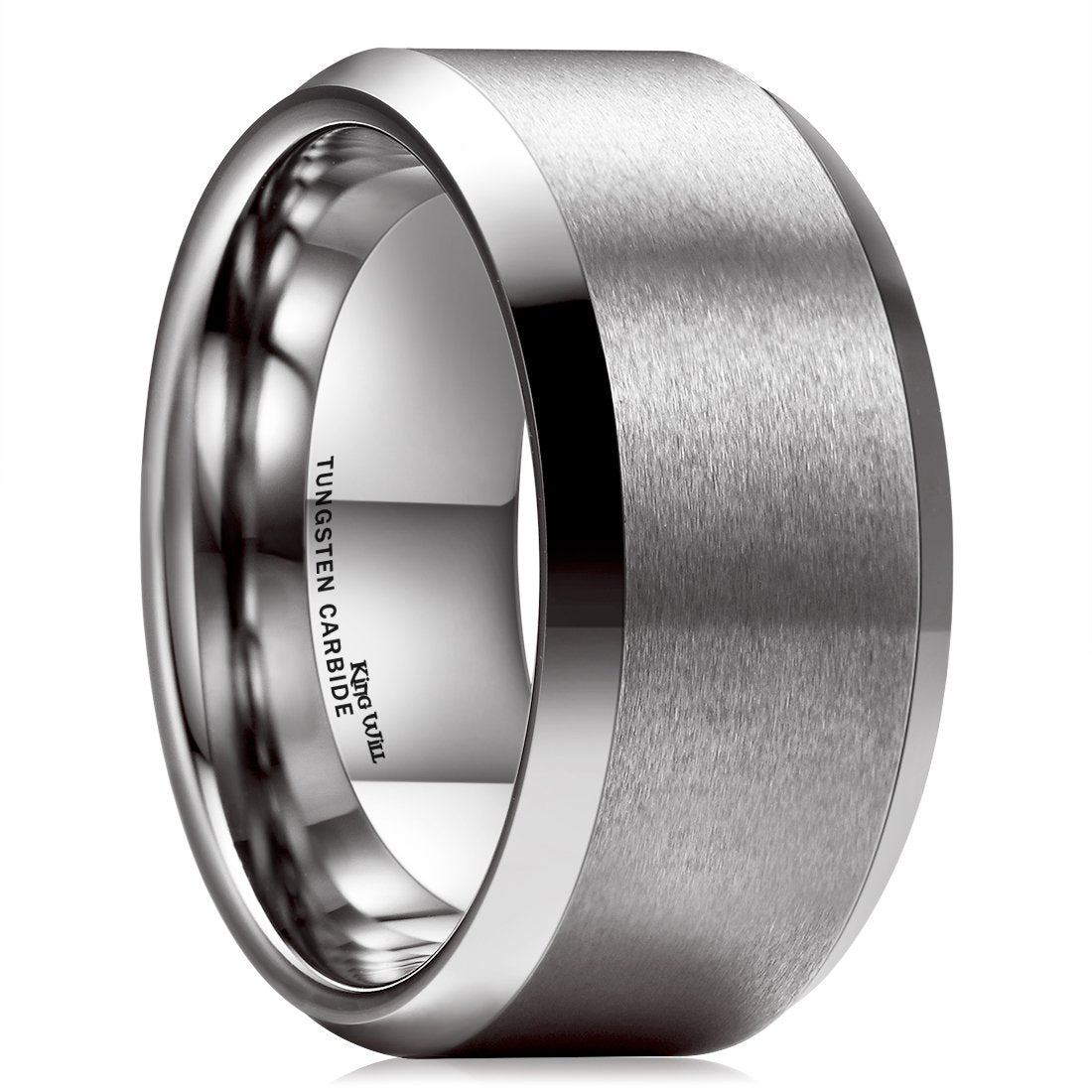 King Will 10mm Silver Men's Wedding Ring - Brushed Matte Finish, Beveled Polished Edge, Comfort Fit Size 13