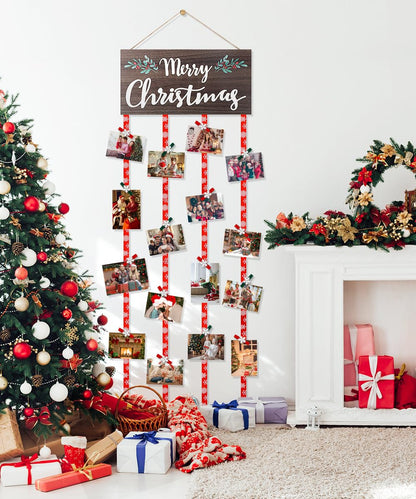 AKEROCK Christmas Card Holder Display, Christmas Wall Decor, Wooden Christmas Picture Frame with 30 Clips for Hanging Photos, Christmas Cards & Postcards, Xmas Holiday Wall Door Home Decor & Gift Idea