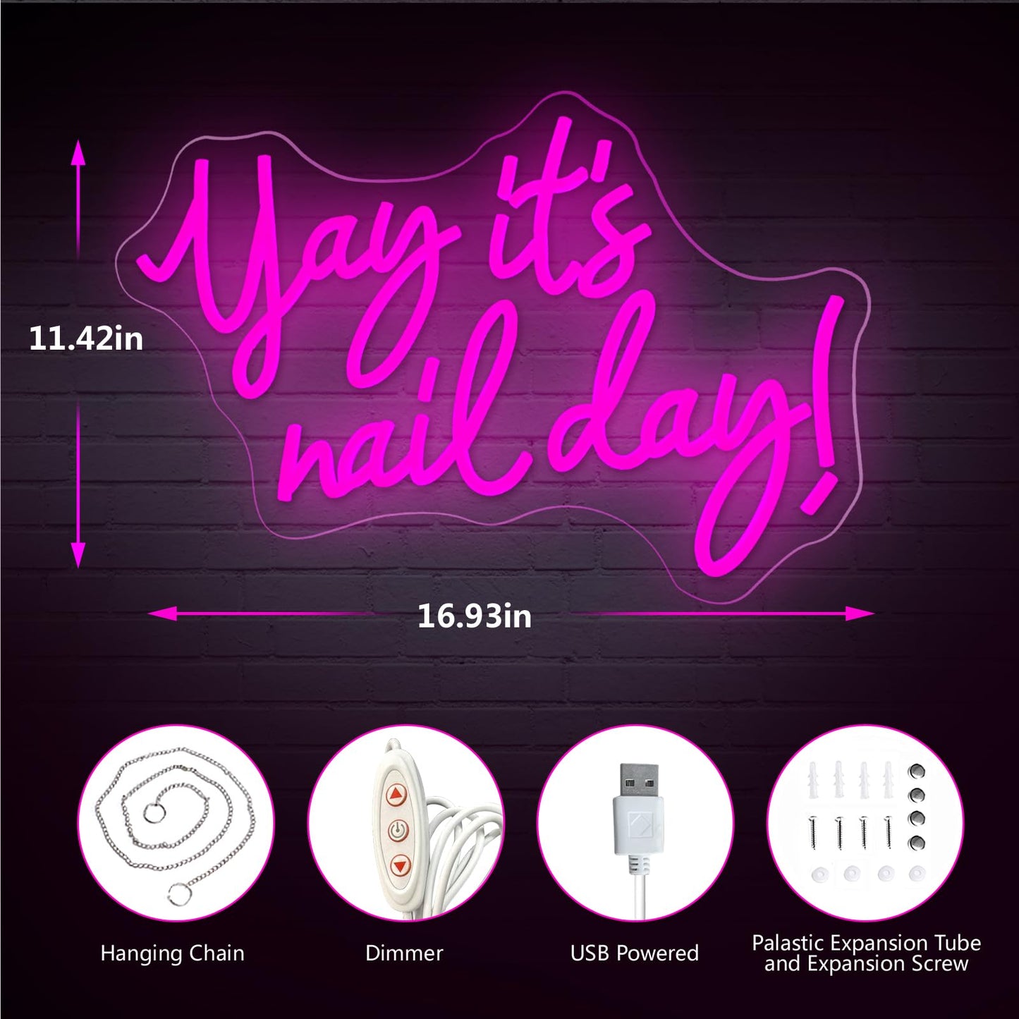 Yay It's Nail Day Neon Sign, Dimmable Pink LED Nail Salon Decor for Beauty Room, Wedding, Bar, Bedroom - Great,Gift for Nail Tech Girls, Christmas, Birthday, USB Powered Wall Decor, Personalized Gift 11.4 * 16.9 In
