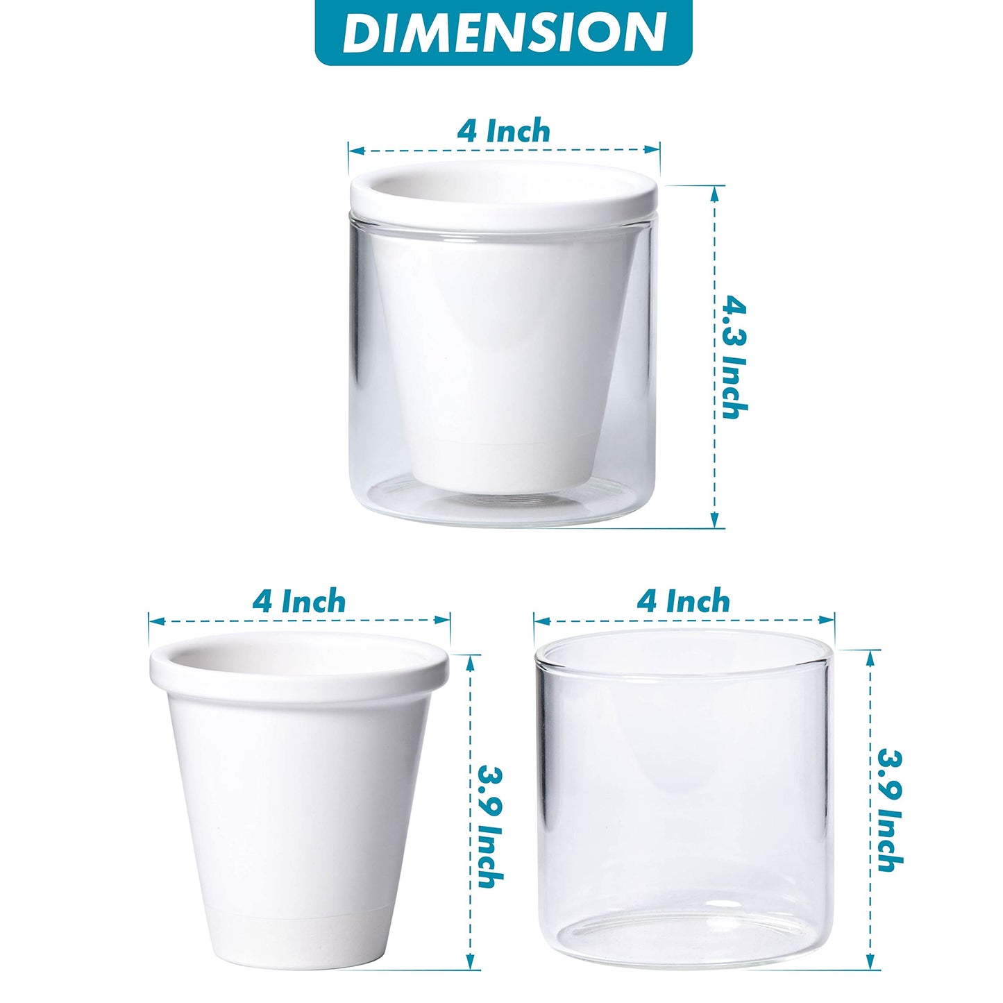D'vine Dev 4 Inch Design Self Watering Planter for Indoor Plants, White Terracotta Pots with Cylinder Glass Cup, 37-X-A-2