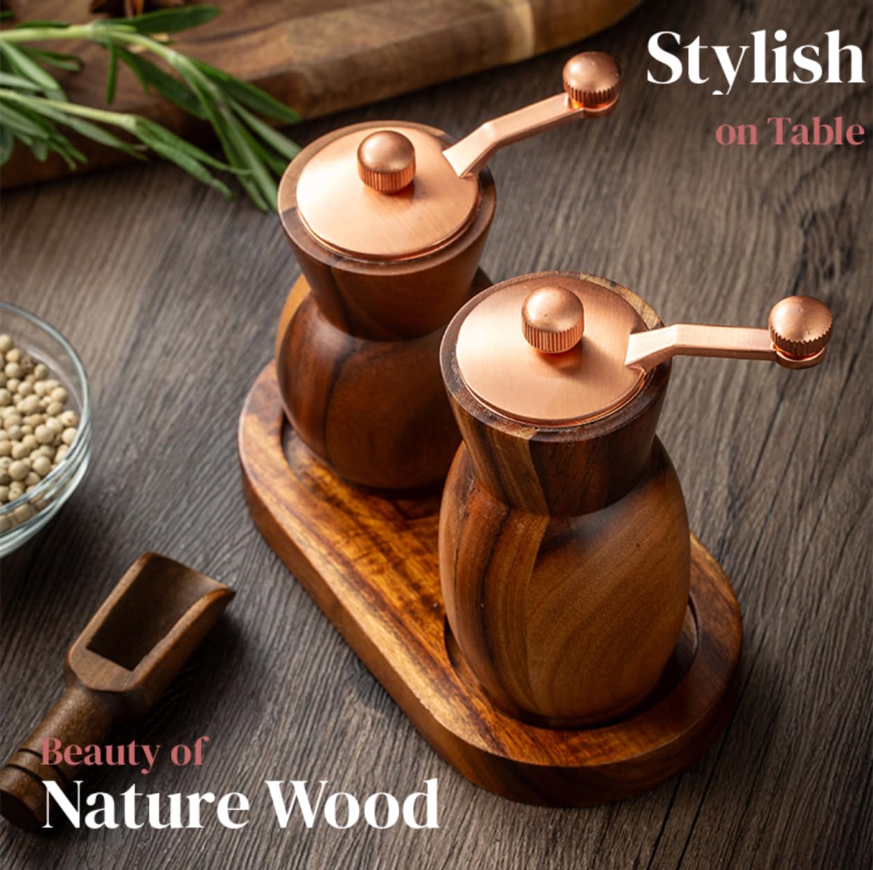 Stelalloy Pepper Grinder Pepper Mill - Salt And Pepper Grinder Set With Holder - Wood Salt and Pepper Shakers - Refillable Manual Spice Mill (3.5" Salt Grinder + 4.5" Pepper Mill)