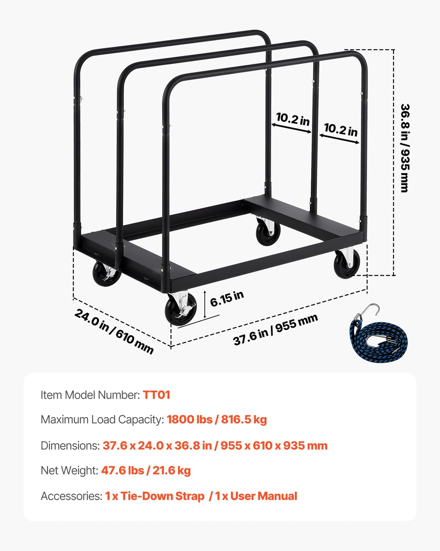 VEVOR Folding Table Cart, Heavy Duty Table Dolly 1800 lbs, Steel Panel Truck Cart with 5 inch Swivel Casters, Lumber Drywall Dolly with Straps for Party Events, Hotel, Factory, Warehouse