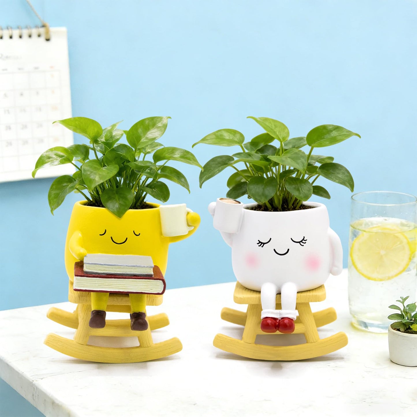 YOUOIVIA Rocking Chair Face Planter, Cute Coffee Plant Pots for Indoor Outdoor, Resin Funny Planter with Drainage, Unique Cactus Succulents Flower Pot, Desk Plant Table Top Decor, Home Gifts (Yellow)