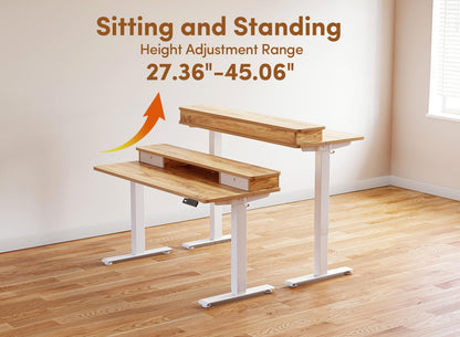 BANTI 55x24 Inch Electric Height Adjustable Standing Desk, Home Office Computer Desk with Double Storage Drawers, 4 Adjustable Feet & 2 Hooks, Light Rustic