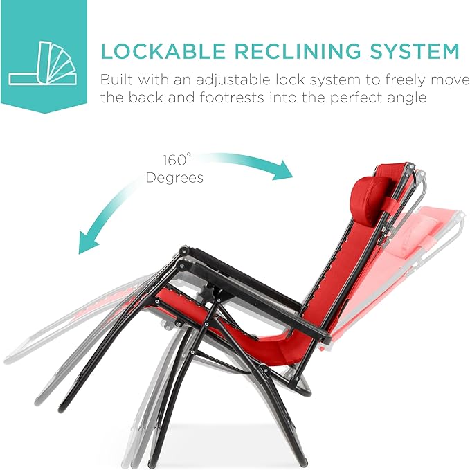 Best Choice Products Folding Zero Gravity Outdoor Recliner Patio Lounge Chair w/Adjustable Canopy Shade, Headrest, Side Accessory Tray, Textilene Mesh - Crimson Red