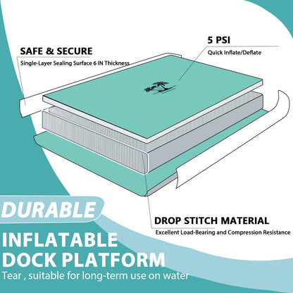 JUSTOOP Inflatable Floating Dock with Water Ramp, Floating Island Raft for Dogs and Adults, Inflatable Dog Float, Multi-Person Air Dock Platform for Lakes, Pools, and Oceans, 5 * 6FT, Teal