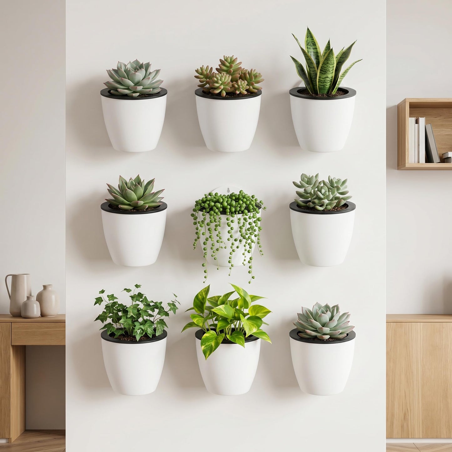 Jucoan 9 Pack Self Watering Wall Hanging Planters Pots for Indoor Plant, 5 Inch White Plastic Lazy Flower Pot with 9 Hooks for Garden Fence, Porch, Wall