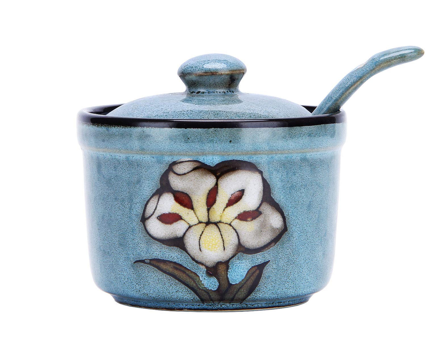 VanEnjoy Retro Hand Painted Flower Ceramic Round Sugar Spice Containers Porcelain Jar with Spoon Round Condiment (blue)