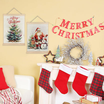 LUVADIAN Merry Christmas Wall Art with Wood Poster Hanger Set of 2, Christmas Tree Wall Decor Santa Claus Snowman Posters Artwork for Walls Decorations, 12x16 Inches