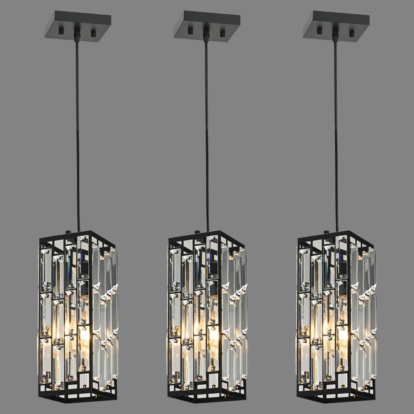 XLHYTF Black Hanging Kitchen Island Modern Concise Crystal Pendant Light Fixture, Adjustable Mini Crystal Pendant Lights Kitchen Island for Kitchen, Dining Room, and Bedroom (3 Pack)
