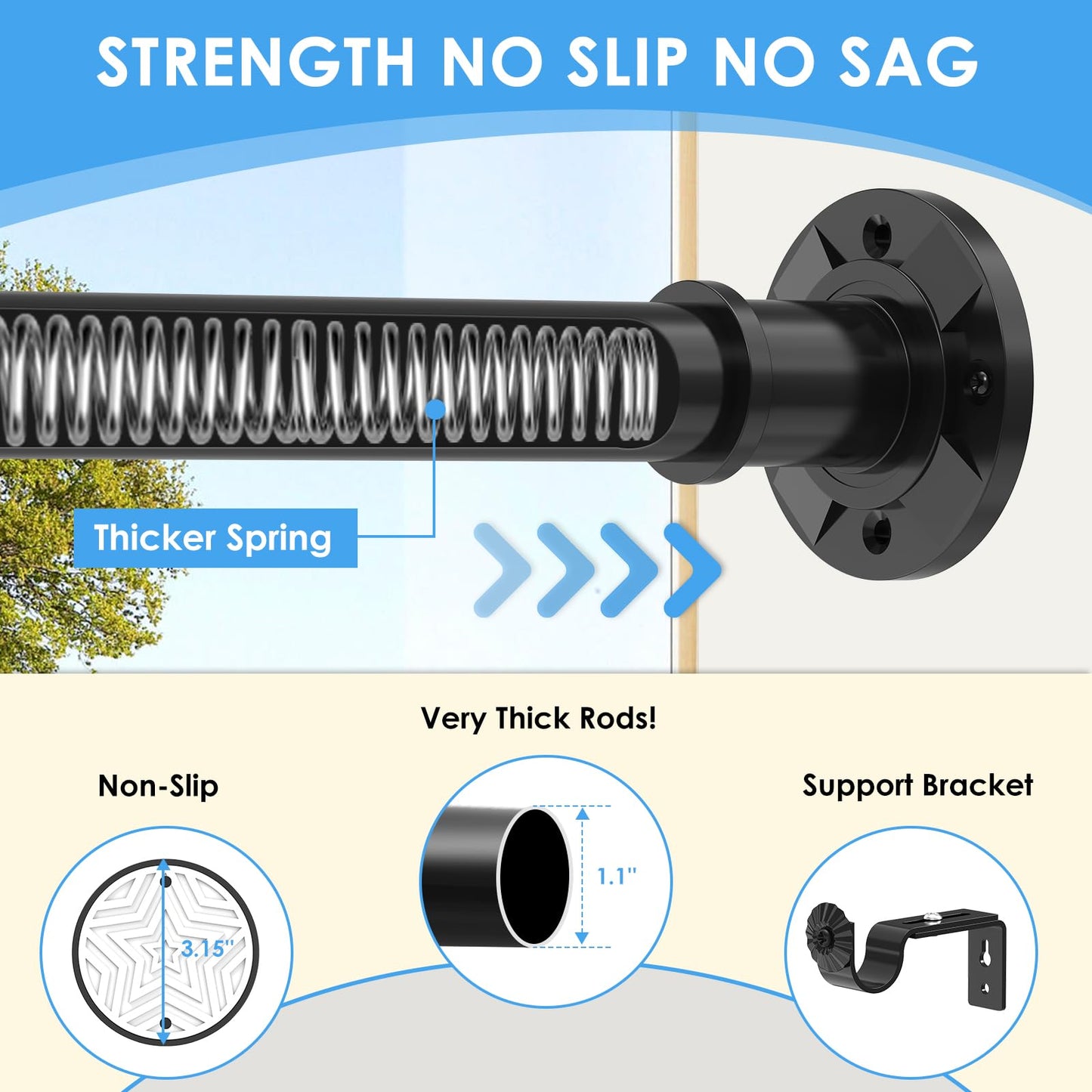 Tension Curtain Rod 31-88 inch Black Shower Curtain Rods for Bathroom Adjustable Curtain Rods No Drilling for Windows Spring Rod for Closet Tension Or Screw Mount Easy Install Non Slip, No Rust