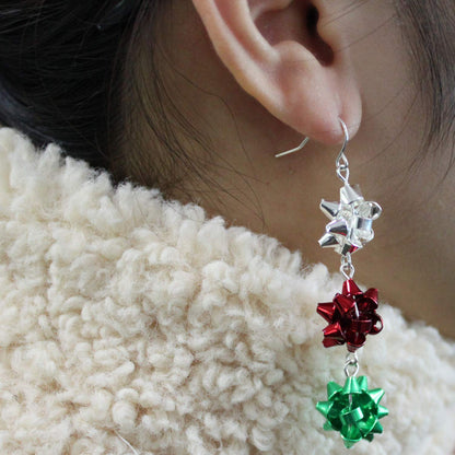 Christmas Earrings for Women, Cute Green Christmas Gift Bow Dangle Earring, Holiday Crazy Party Drop Stud Earrings (Colorful Bow)