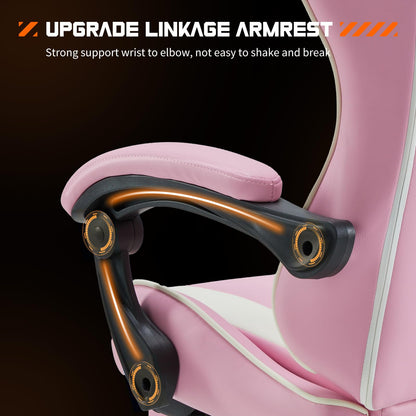 DUMOS Ergonomic Gaming Desk Chair - PU Leather Recliner with Footrest, Lumbar Support, Headrest, Fixed Armrests, Height Adjustable, 360° Swivel, Pink, for Adults