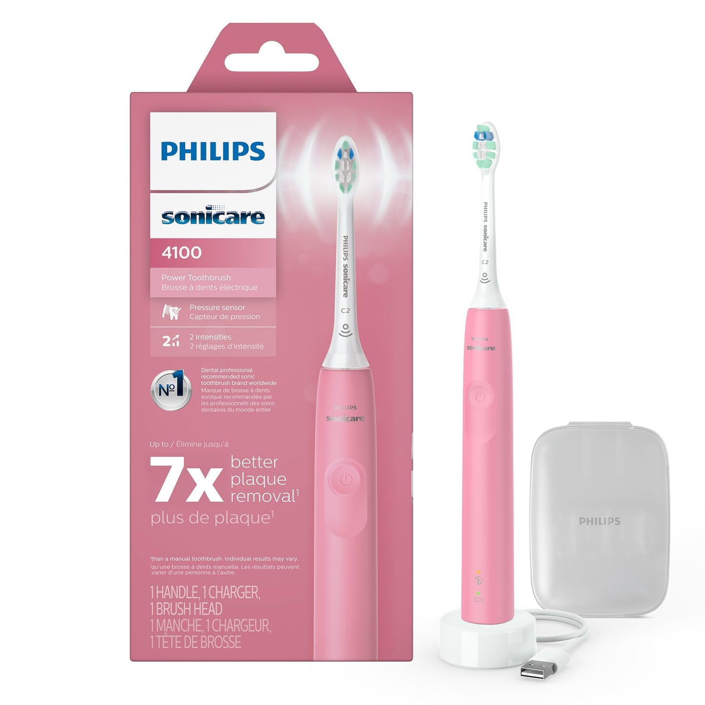 Philips Sonicare 4100 Rechargeable Electric Toothbrush, with Pressure Sensor, 2 Intensity Settings, SmarTimer and QuadPacer, 14-Day Battery Life, Deep Pink, Model HX3681/26