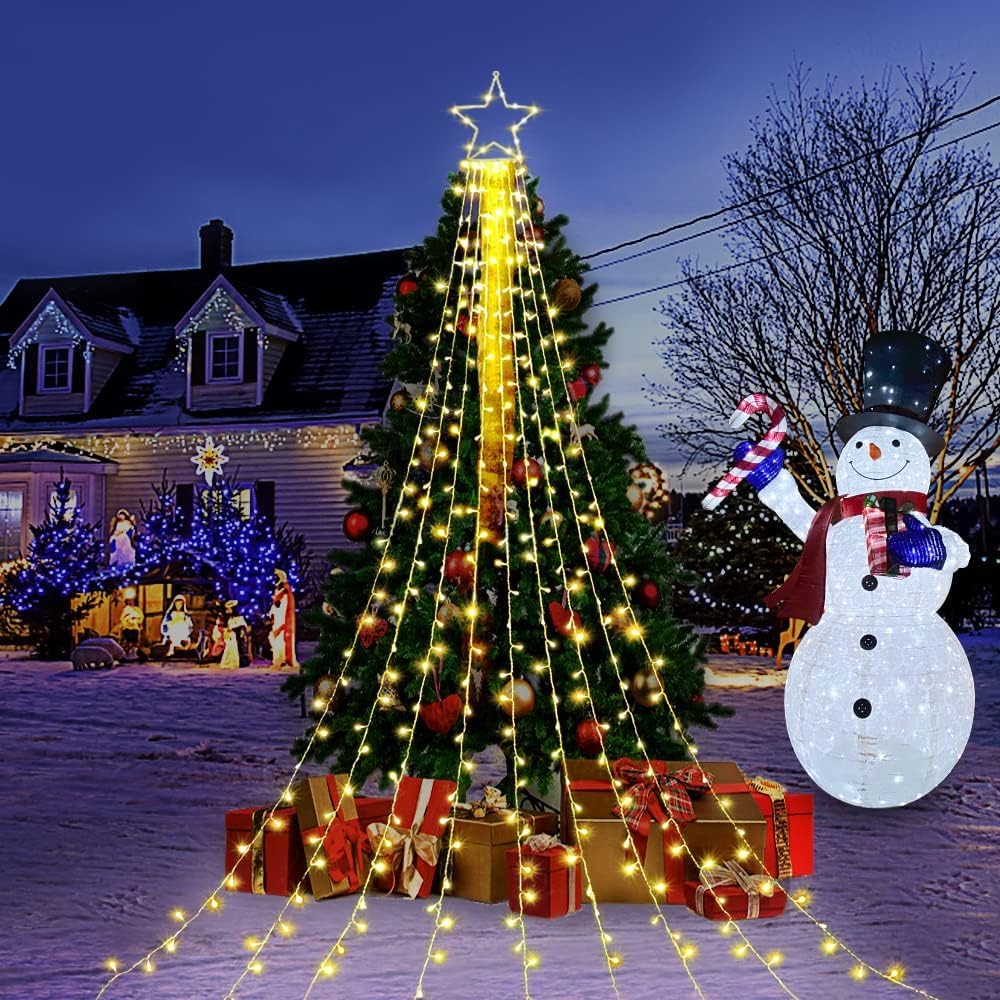 MINIAO Christmas Star String Lights, 320 LED Waterfall Tree Lights with 13" Topper Star 8 Lighting Modes Indoor Outdoor Halloween Decorations for Holiday, Wedding, Party (Warn White)