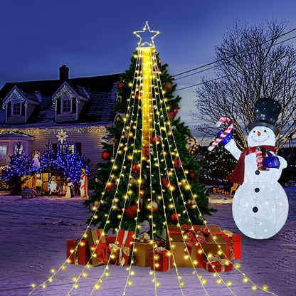 MINIAO Christmas Star String Lights, 320 LED Waterfall Tree Lights with 13" Topper Star 8 Lighting Modes Indoor Outdoor Halloween Decorations for Holiday, Wedding, Party (Warn White)