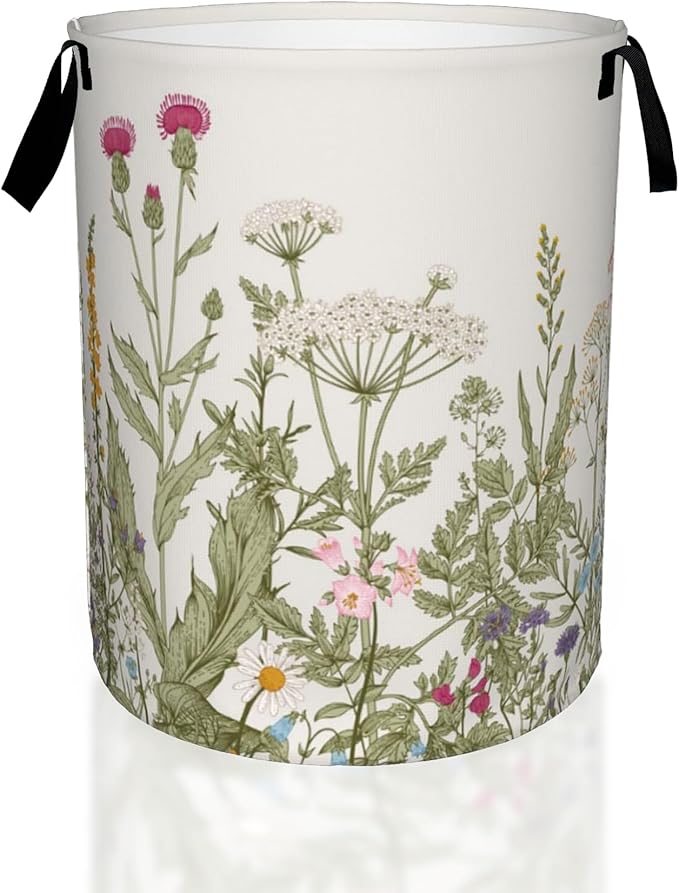 Laundry Hamper, Retro Wild Flowers Botanical Laundry Basket, Waterproof