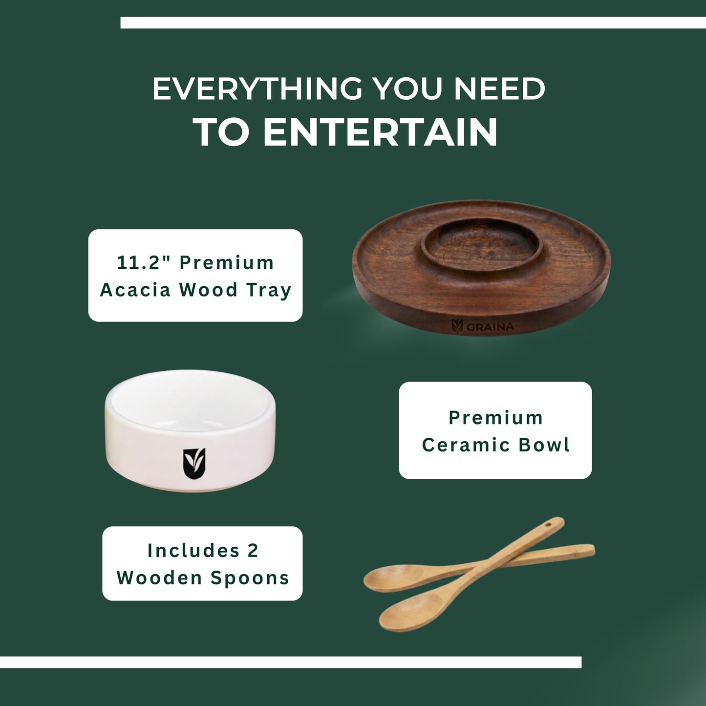 Graina Premium Wooden Chip and Dip Serving Tray Set – Dark Walnut Large Serving Tray with Ceramic Dip Bowl & 2 Wooden Spoons – Chip and Dip Bowl Set for Chips, Snack & Entertaining | Appetizer Platter