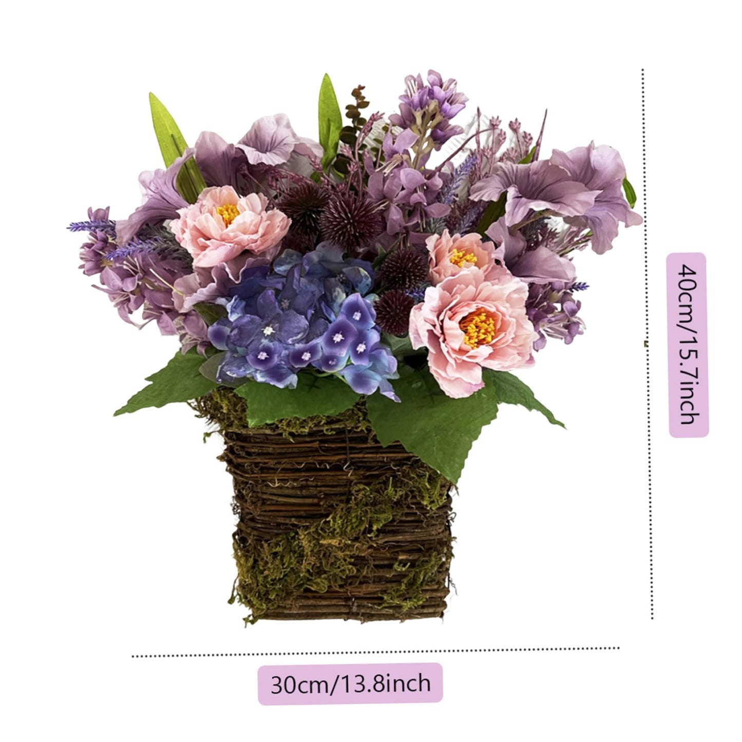 Lavender Door Hanging Basket Wreath, Artificial Floral Spring Wreath for Front Door Porch Wall, Summer Wildflower Home Decor
