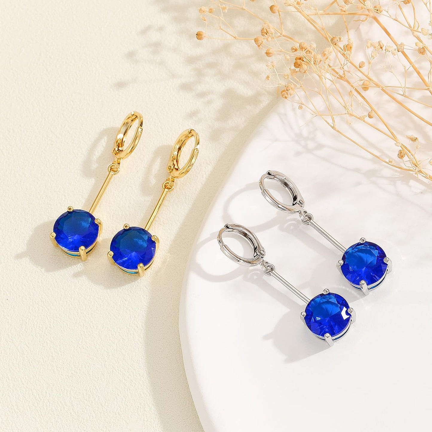 VONSSY Gemstone Drop Dangle Earrings | Platinum/Gold Plated Leverback Crystal Cubic Zirconia Hanging Red/Pink/Blue Earrings (Sapphire Blue-Gold)