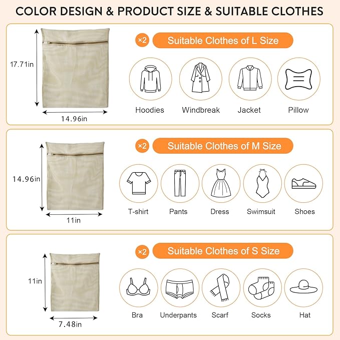 6-Piece Bag, Durable Cotton Mesh Laundry Bag, Sturdy Zipper, Breathable Mesh