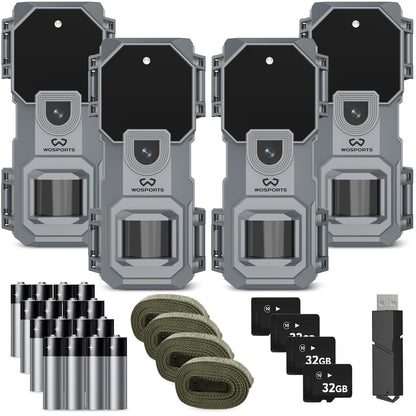 WOSPORTS Trail Camera 4 Pack 32MP 1080P HD Deer Camera with 32GB SD Card Game Cameras with Night Vision Motion Activated Waterproof for Outdoor Wildlife Monitoring with Card Reader