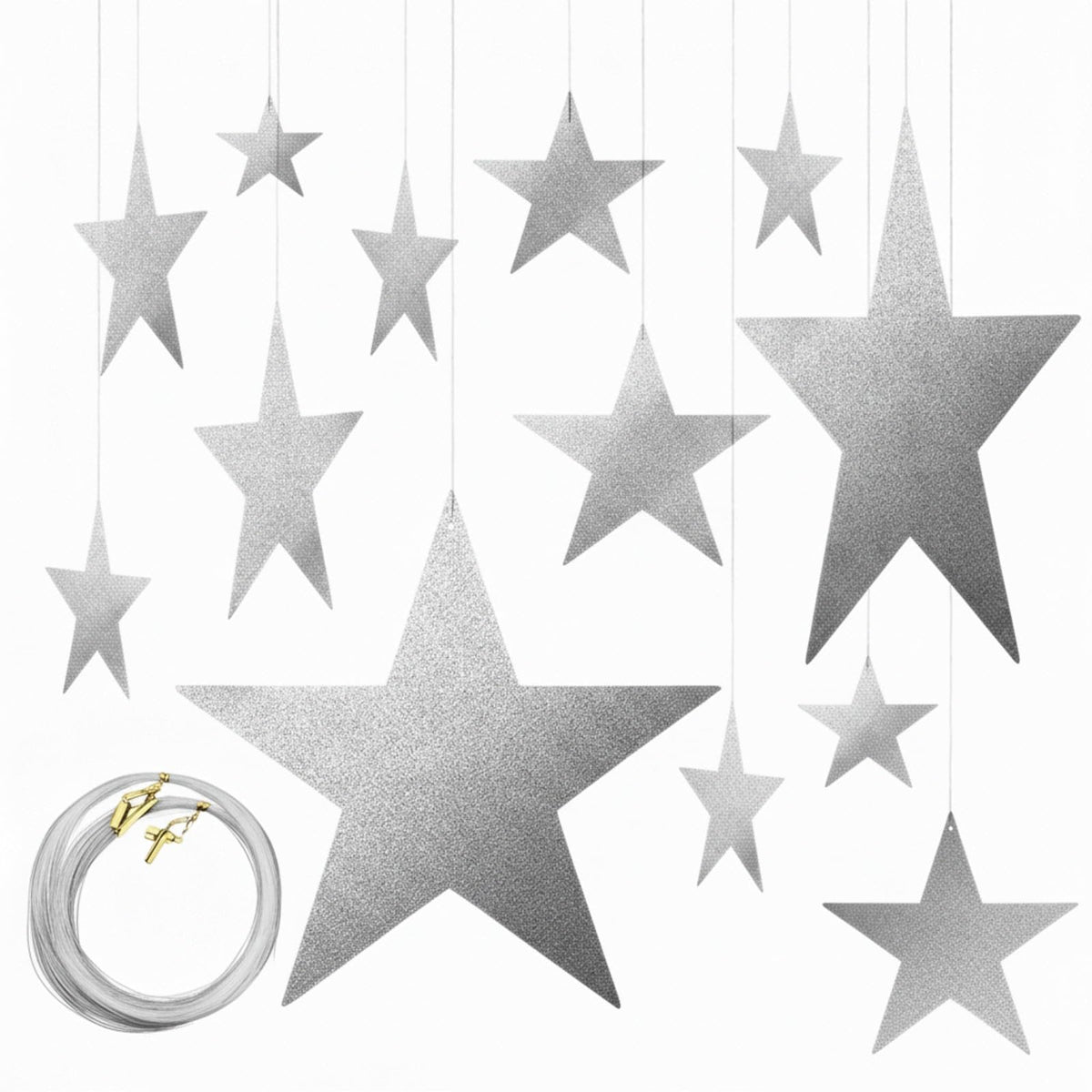 Boao 72 Pieces Silver Stars Shaped Cutouts Silver Cardboard Stars 4 Sizes 6cm/12cm/20cm/30cm Hanging Glitter Garlands with Nylon String for Wedding Birthday Party Graduation Classroom Wall Decor