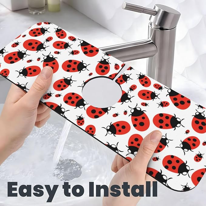 Kitchen Sink Splash Guard Faucet Mat Ladybug Cartoon 15"x5.5", Diatom Mat