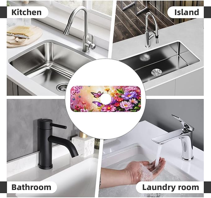 Pink butterfly flower Kitchen sink faucet pad, strong water absorption