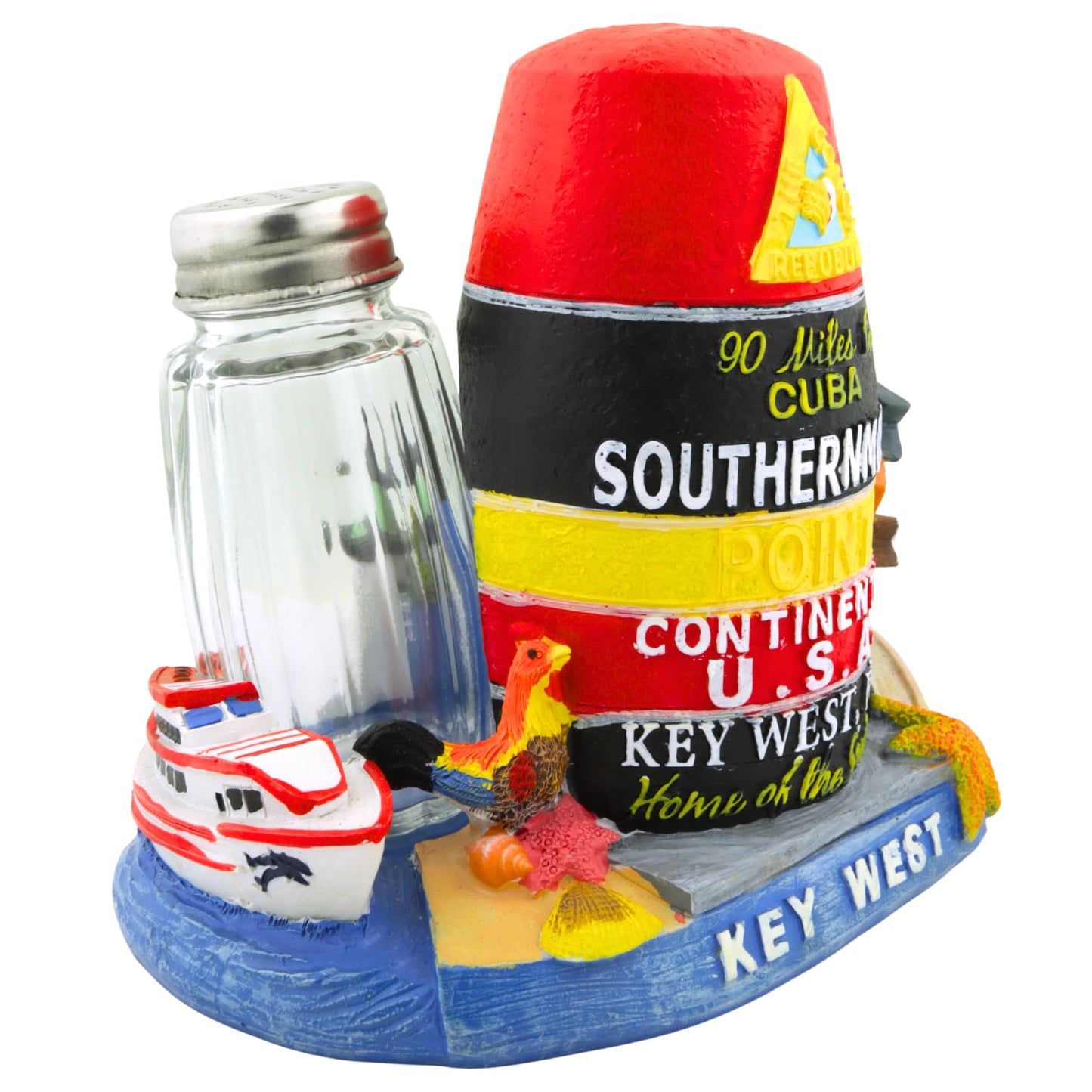 Key West Collage Salt and Pepper Shaker Holder Set with Glass Shakers, Tabletop Accessory for Kitchen, 4.5 Inches