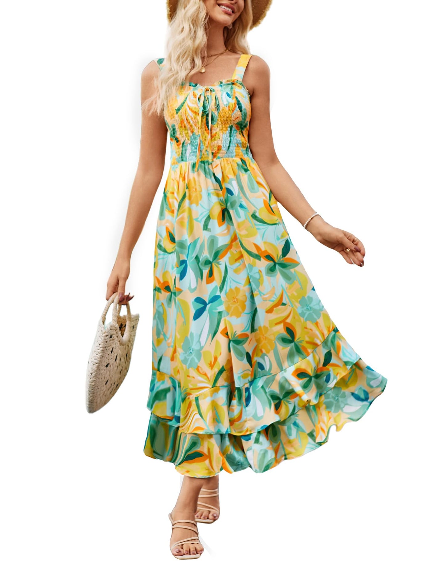 GRACE KARIN Women's 2025 Summer Floral Boho Dress Square Neck Strapped Swing A Line Sundress Beach Long Maxi Outfits