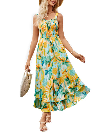 GRACE KARIN Women's 2025 Summer Floral Boho Dress Square Neck Strapped Swing A Line Sundress Beach Long Maxi Outfits