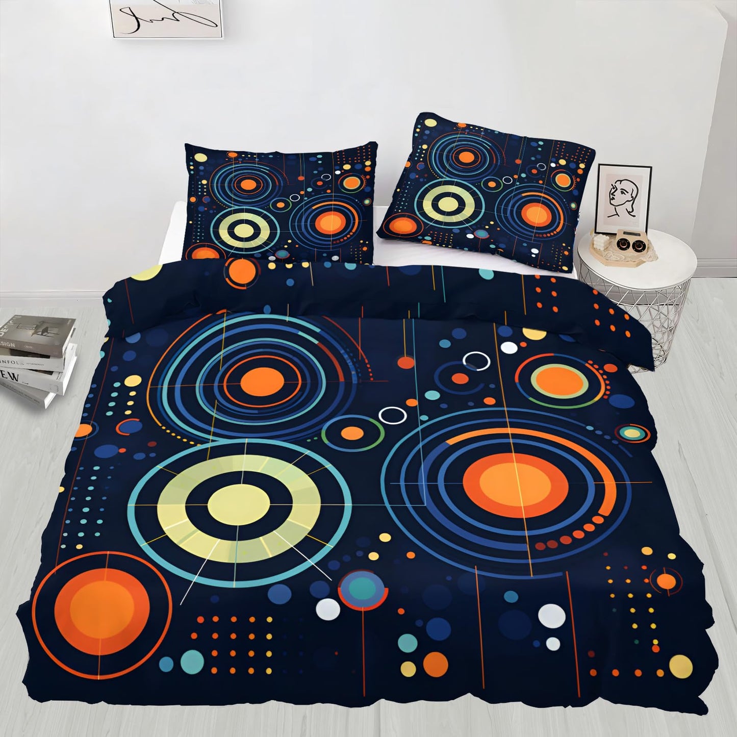 QINYUN Abstract Starry Sky Duvet Cover Queen Size, Solar System Space Bedding Set 3 Piece Bedroom Decor Deep Blue Comforter Cover and 2 Pillow Sham with Zipper Closure