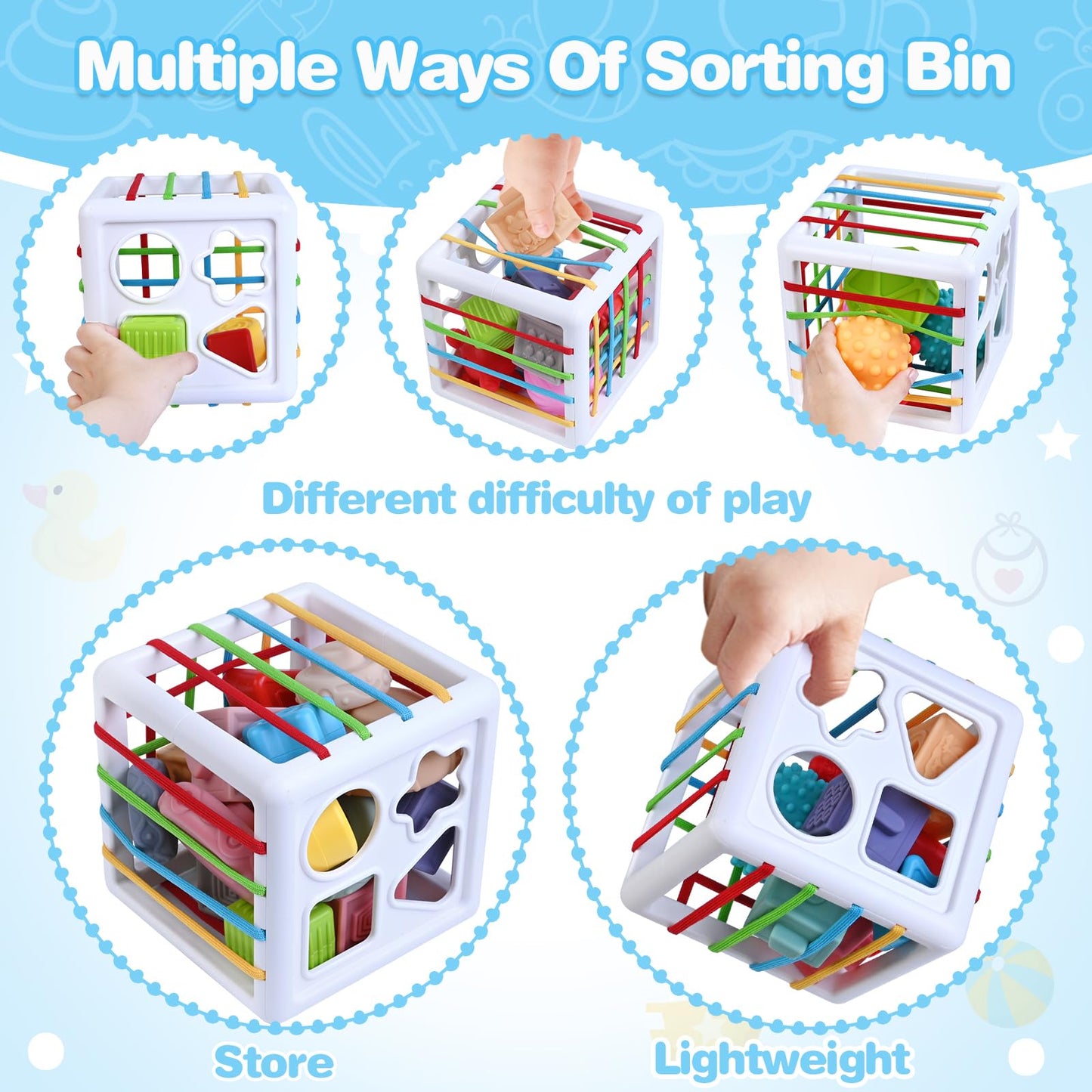 Springflower 5 in 1 Montessori Toys for Babies 0-3-6-12 Months, Soft Baby Teething Toys, Sensory Bin Toy, Stacking Building Blocks & Rings Infants,Developmental Toddler,Gift 12-18 Months