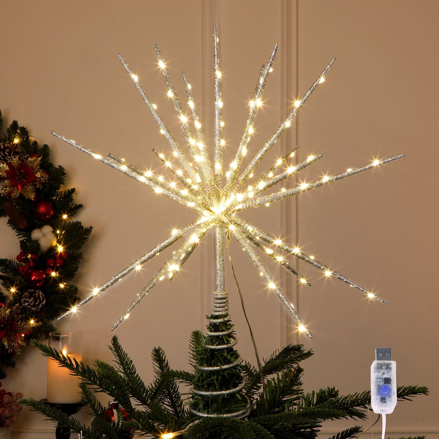 HMASYO 15 Inch Twinkling Starburst Christmas Tree Star Topper, 19-Point Silver Star Tree Topper with 150 LED, Remote Control & Timer, USB Power for Indoor Home Holiday Party Xmas Tree Decoration