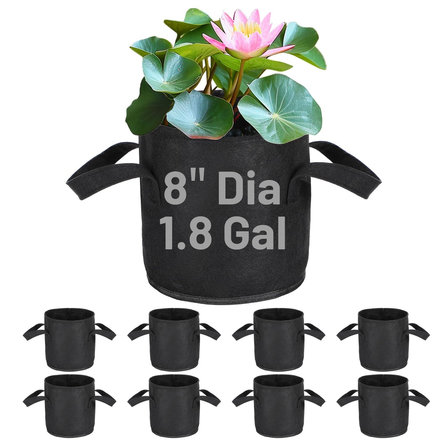 Aulock 8-Pack Lily Grow Bags for Pond - Durable Nonwoven Fabric Plant Pots with Handles, Aquatic Pond Planter for Aquatic Plants Water Lily, Black, (8''x 8''- 1.8 Gallons)