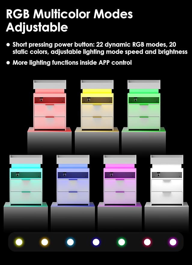 Turosur LED Night Stand with Gun Drawer, Smart Nightstand with Hidden Charging