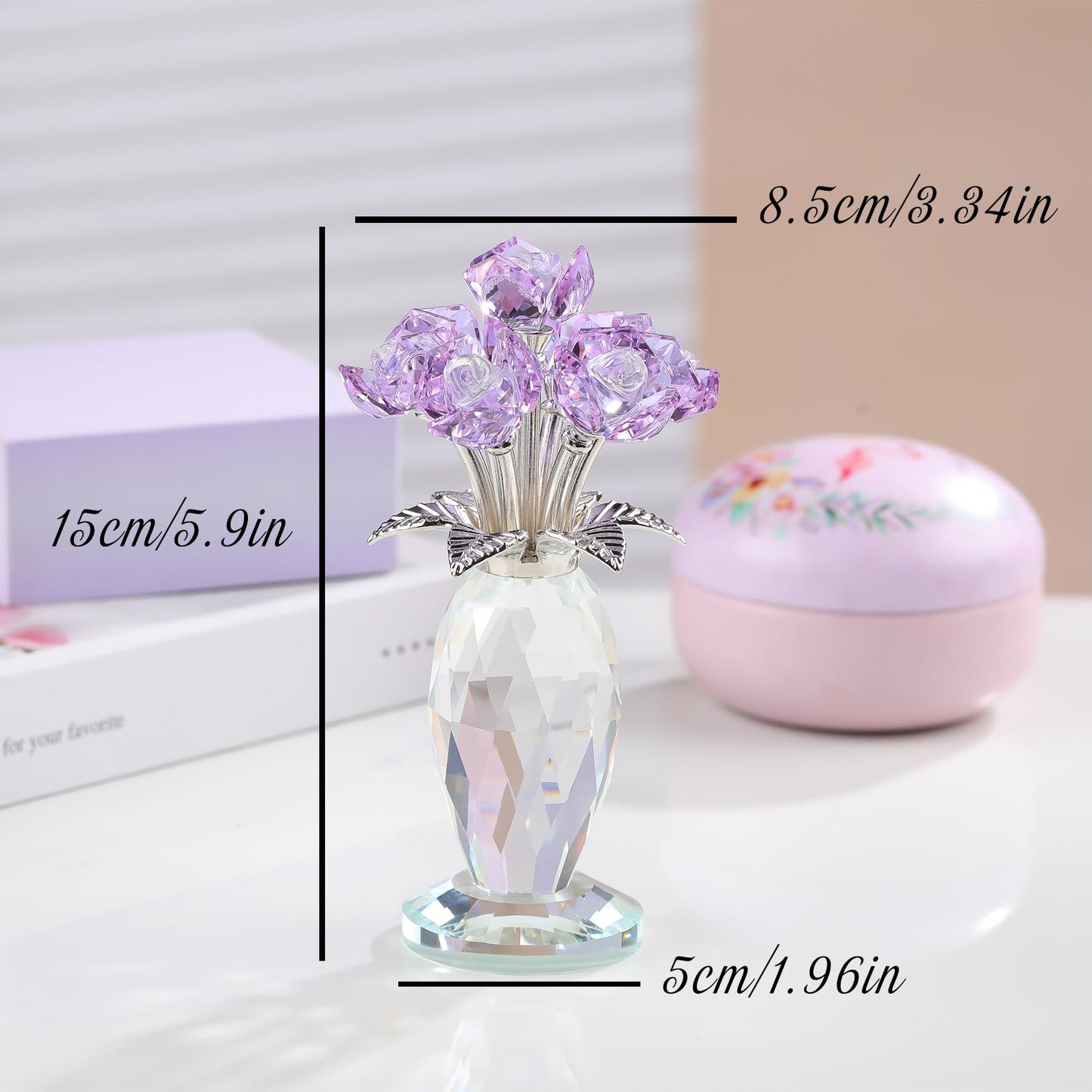 Arikyrist Crystal Purple Rose Flower Gifts for Women Collectible Glass Roses Bouquet Romantic Crystal Rose Figurines for Adults on Birthday Wedding Christmas