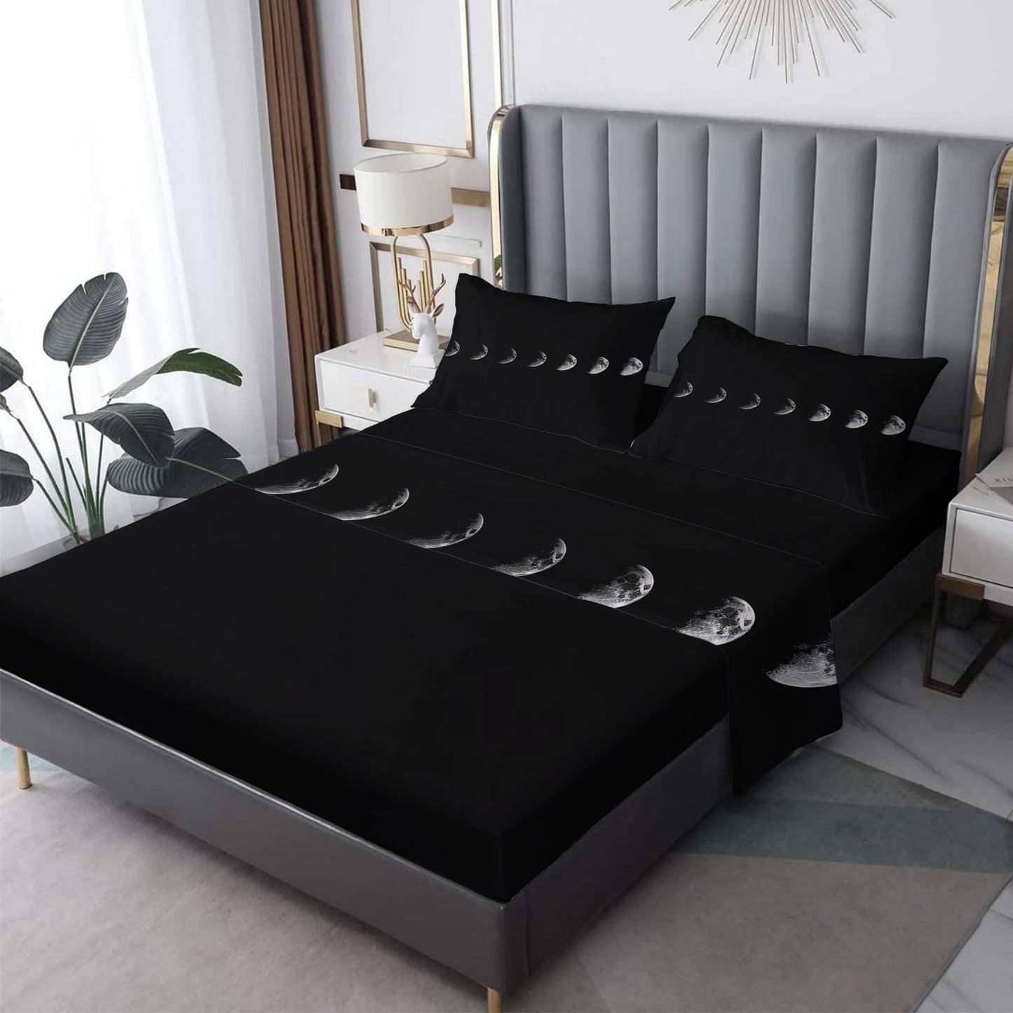 THYUNQ Moon Split King Sheets Sets for Adjustable Bed, Moon Phase Pattern Sheet Set - 16 Inch Deep Pocket, Super Soft Microfiber Printed Bedding Sheets & Pillowcases 5 Piece